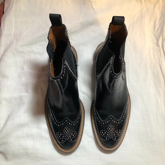 Zara Studded Chelsea Cowboy Flat Ankle Leather Boots Black Size 38